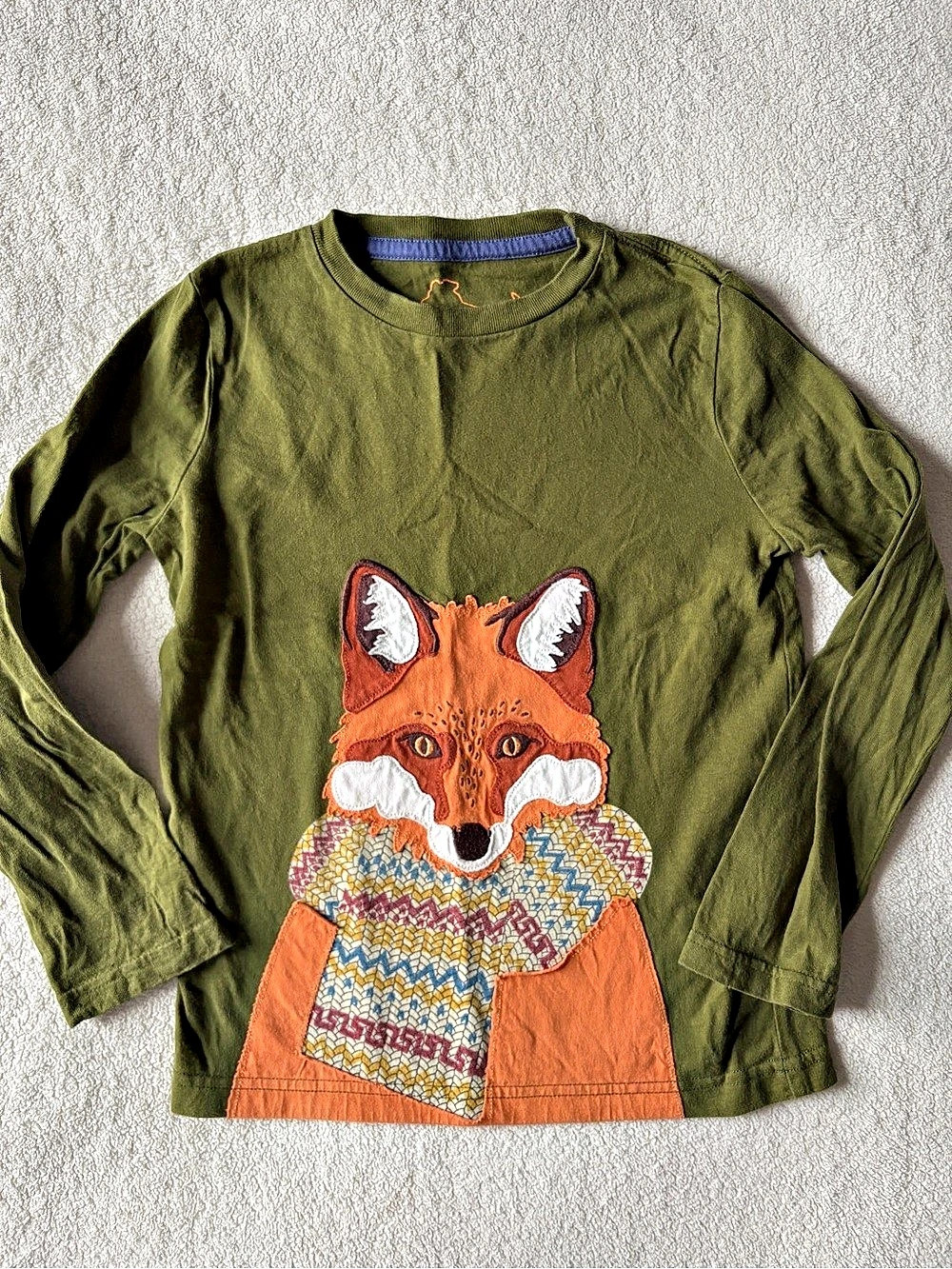 mini boden Fox Appliqué Long Sleeve T-Shirt Green & Orange